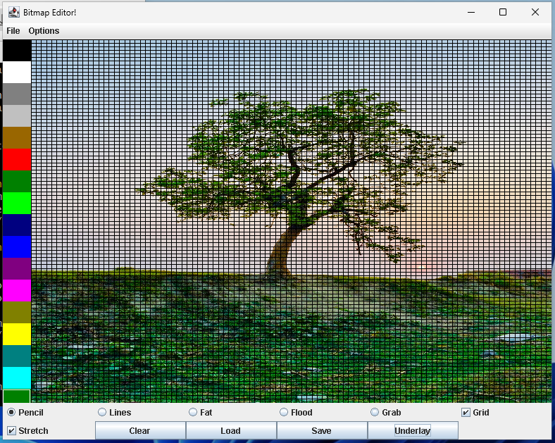 Bitmap Editor with a photo of a tree loaded as the color-reference underlay