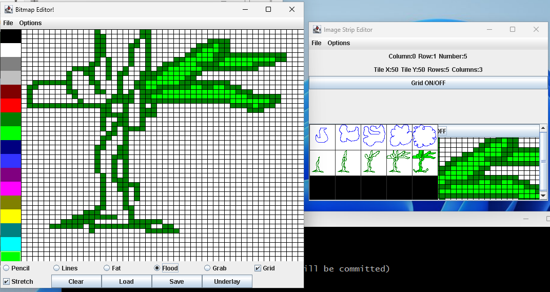 Image Strip Editor showing a 5x3 grid of sprite tiles alongside the Bitmap Editor