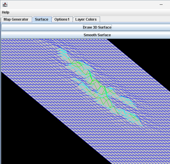 Surface tab rendering the generated island as a 3D wireframe mesh